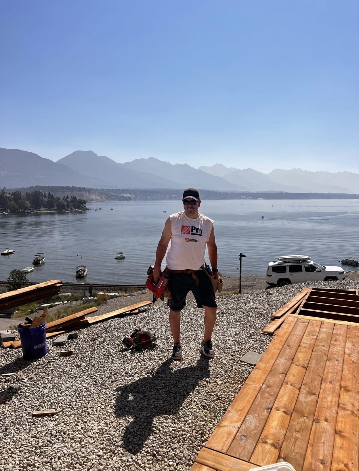 Stillwaters contractor on a job site overlooking Lake Windermere in the Columbia Valley